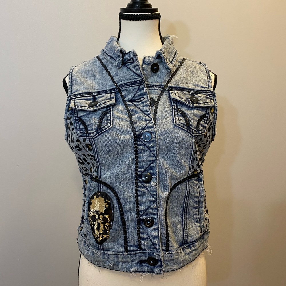 Denim Vest Distressed Upcycled - crybaby on back Size S Streetwear Grunge Artsy